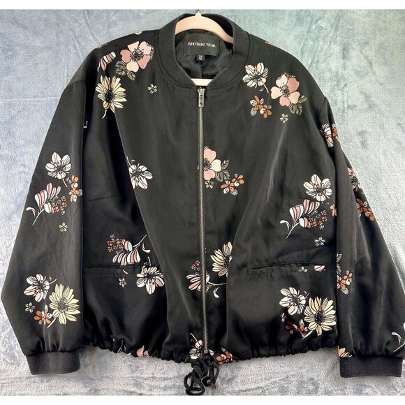 WHO WHAT WEAR Floral Jacket Women’s 3X Black Fall Zipper w/ Pockets Cinch Waist - Picture 1 of 16